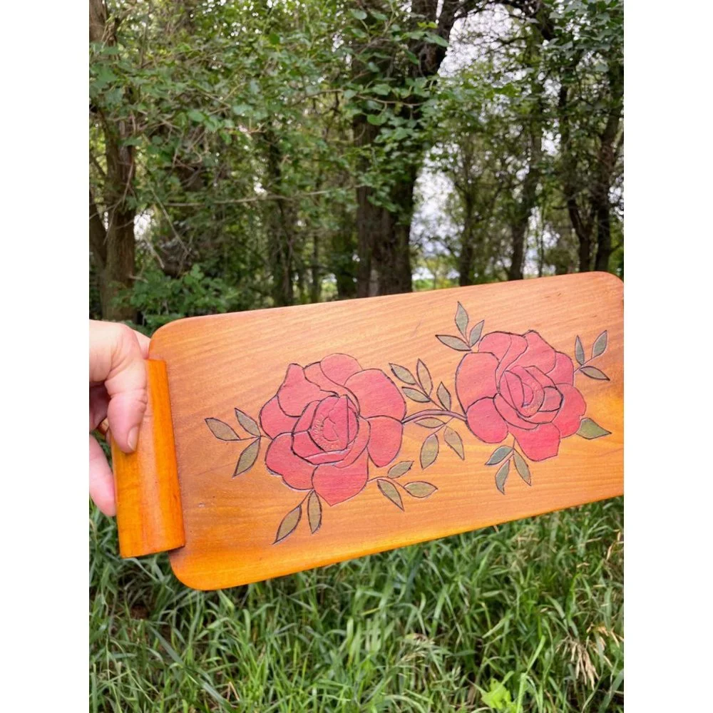 Vintage Wood Bread Serving Tray Carved Red Roses